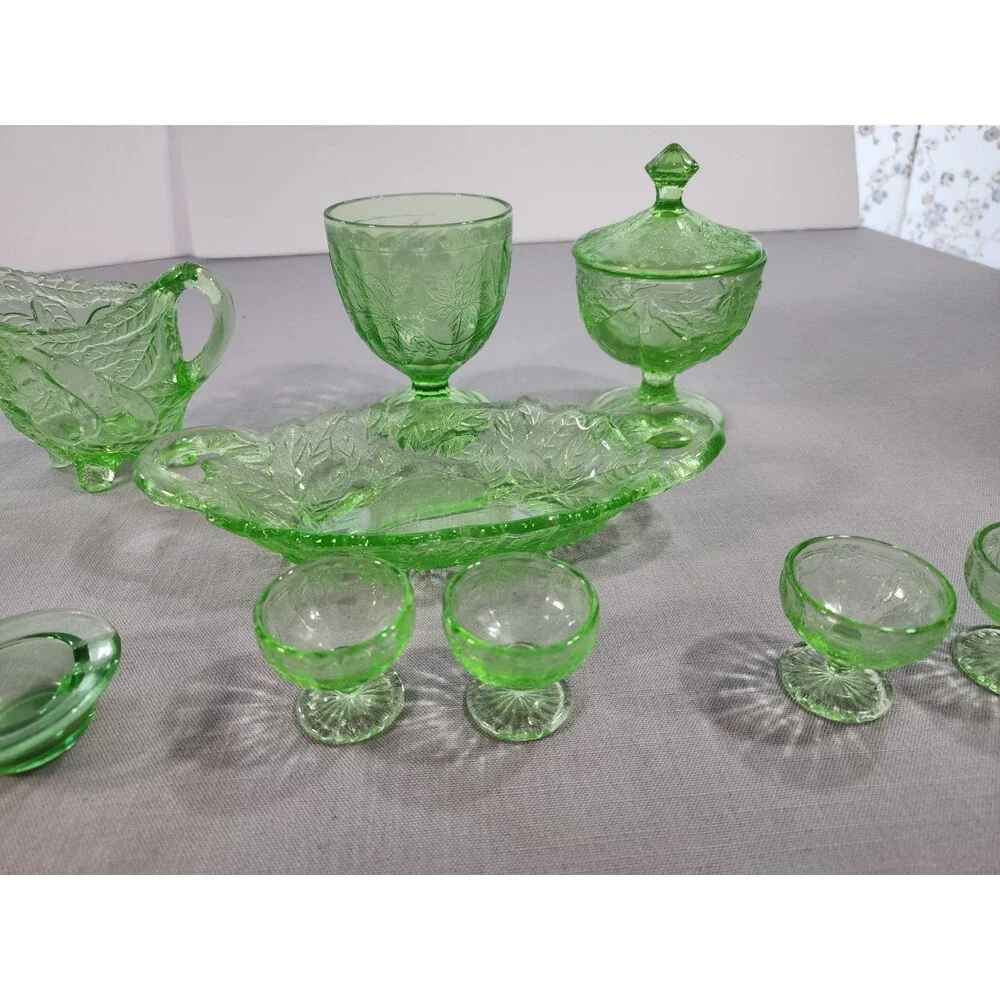 Vintage Green Depression Glass 14 Pc Lot – Covered Candy Dish, Creamer, Sugar...